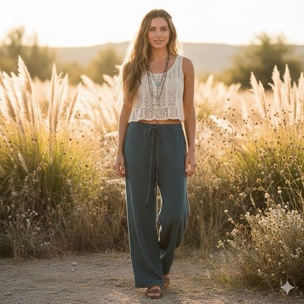 Soft Surroundings Tencel‎ Drawstring Wide Leg Pants XS Green Boho Lounge